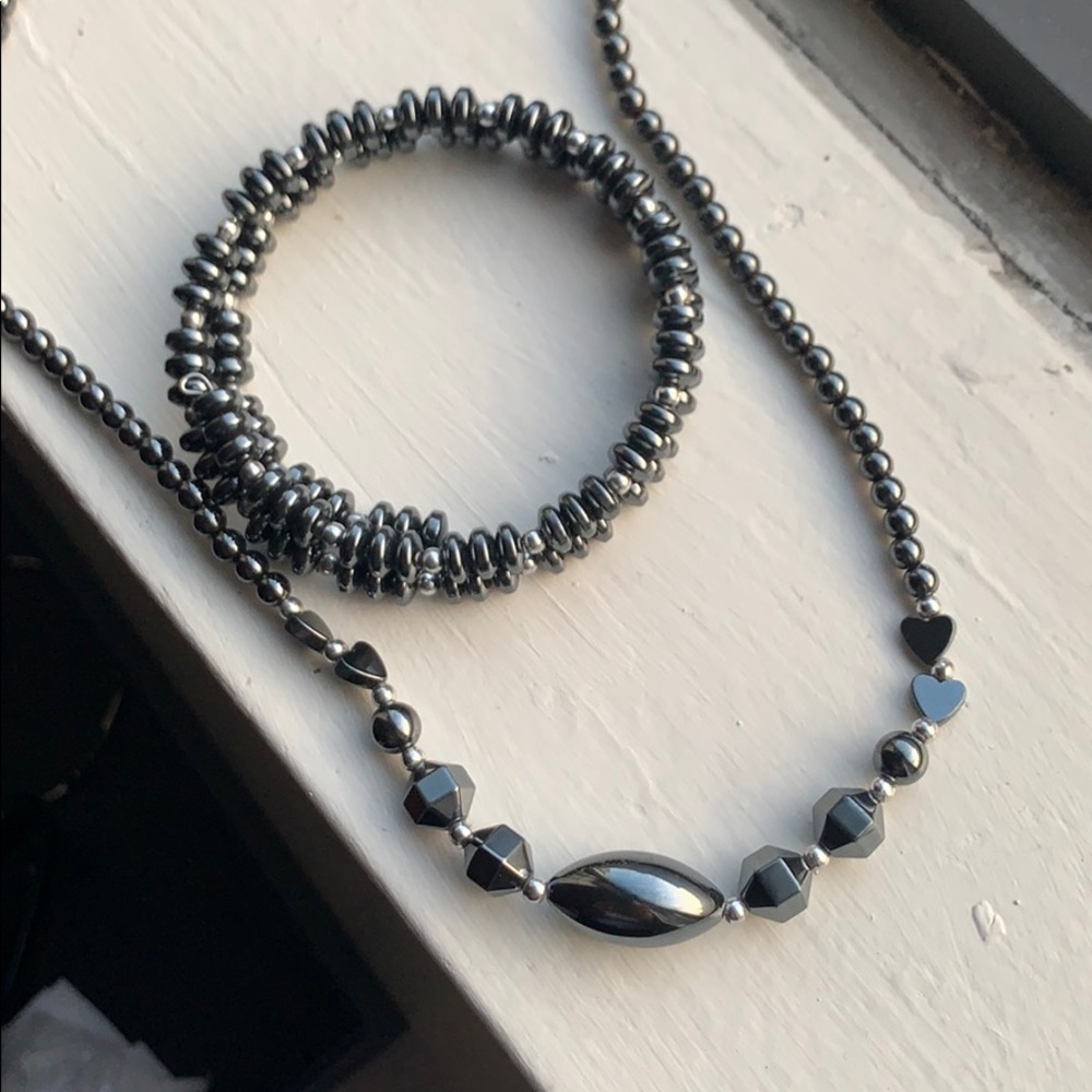 Vintage Onyx Beaded Necklace and Wrap Bracelet Set